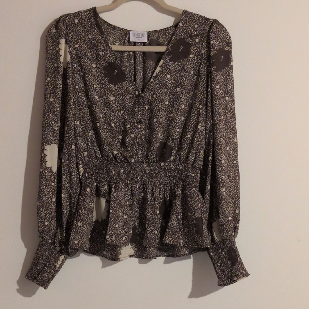 Sienna Sky Gray Smocked Peplum Blouse 3/4 Sleeve